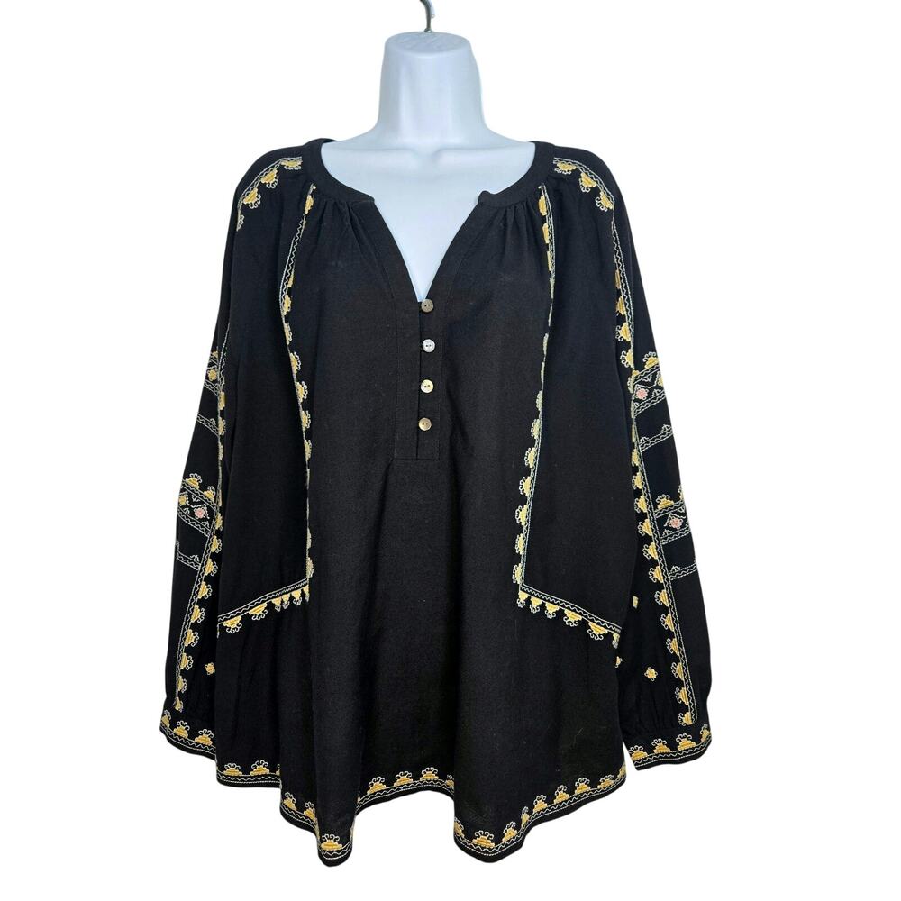 J. Jill Pure Jill Elements Black Embroidered Peasant Boho Euro Summer Blouse. XL